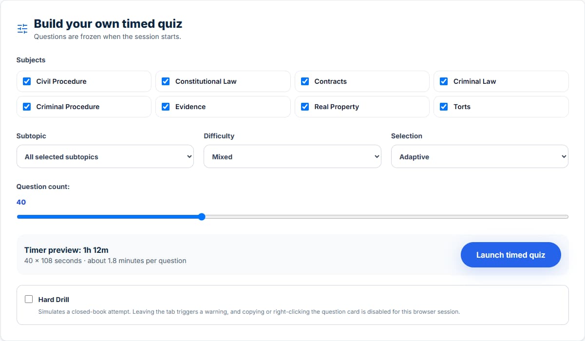 Current MBEMax timed quiz builder with subject, subtopic, difficulty, and selection controls